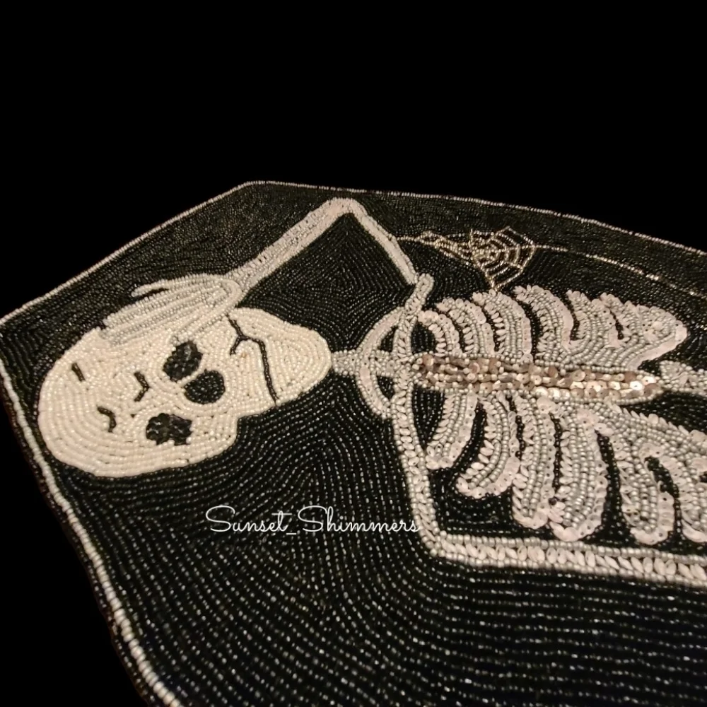 GOTH Halloween SKELETON in COFFIN Spider Web Beaded TABLE RUNNER Centerpiece NEW